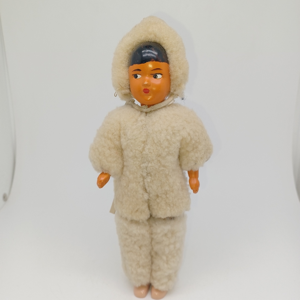 Old Eskimo Doll Celluloid Rare Inuit Face Jointed Arms Body Sheep Wool Snow Suit